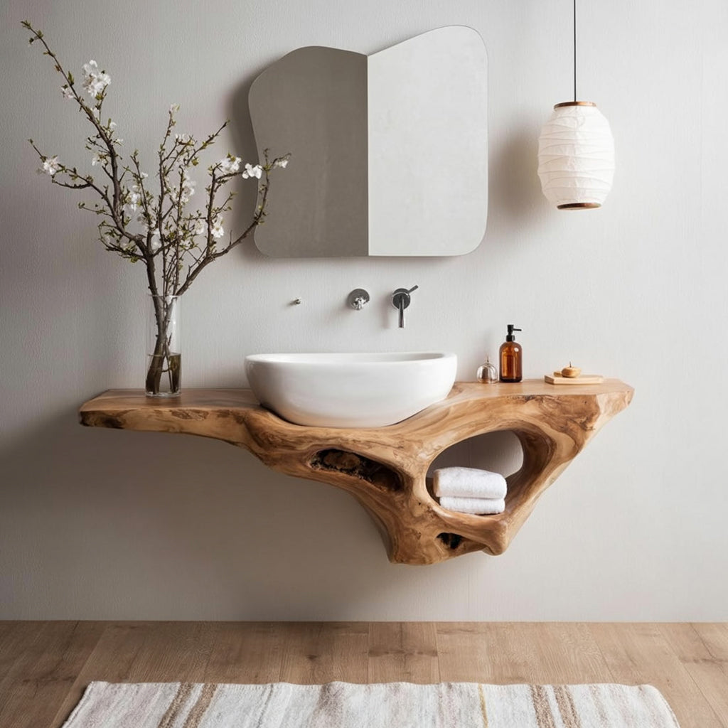 Handcrafted solid wood floating bathroom vanity with live edge design by Ashdeco