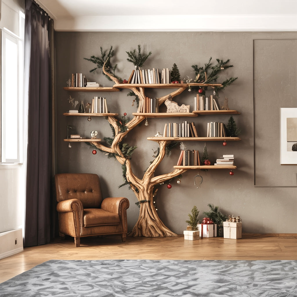 Handcrafted tree bookshelf made from solid wood with natural branch shelves