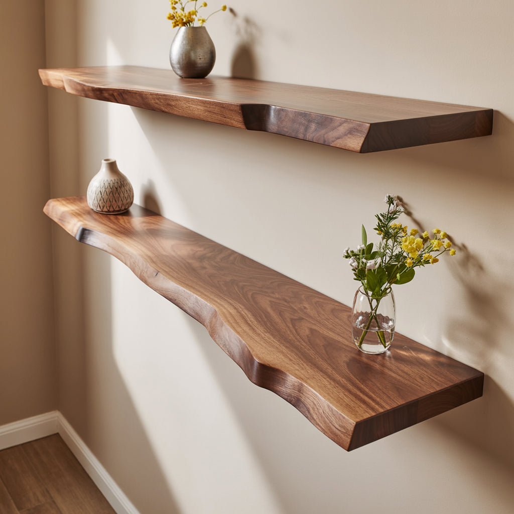 Live edge solid wood floating shelves with decorative vases and flowers on beige wall