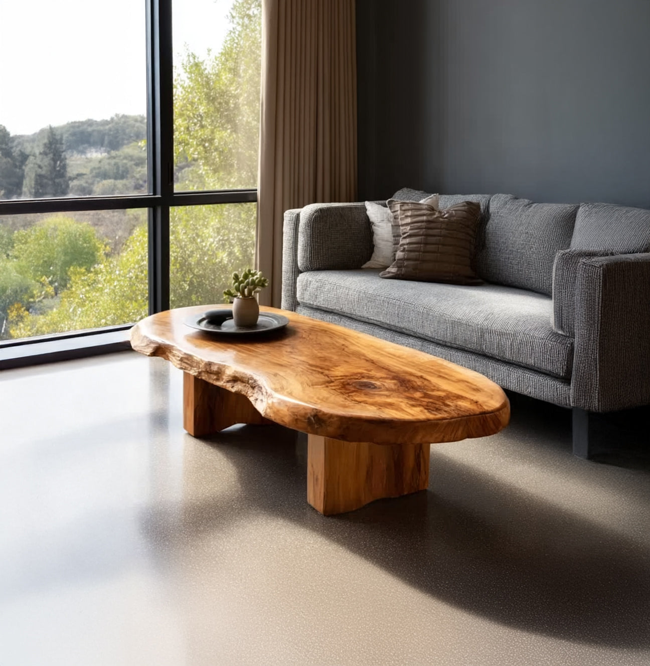 Live edge solid wood coffee table in modern living room with grey sofa and large window