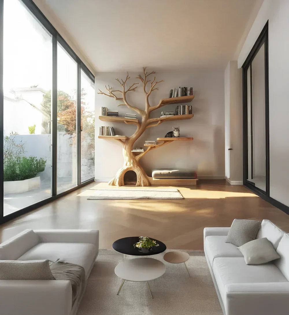 Tree-shaped wooden bookshelf with integrated cat house in modern living room
