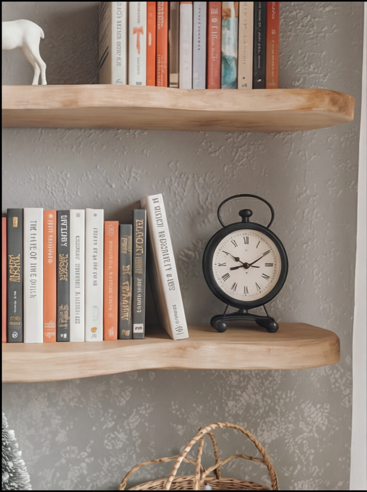 Live edge wooden floating shelves with books and a vintage black clock on textured wall