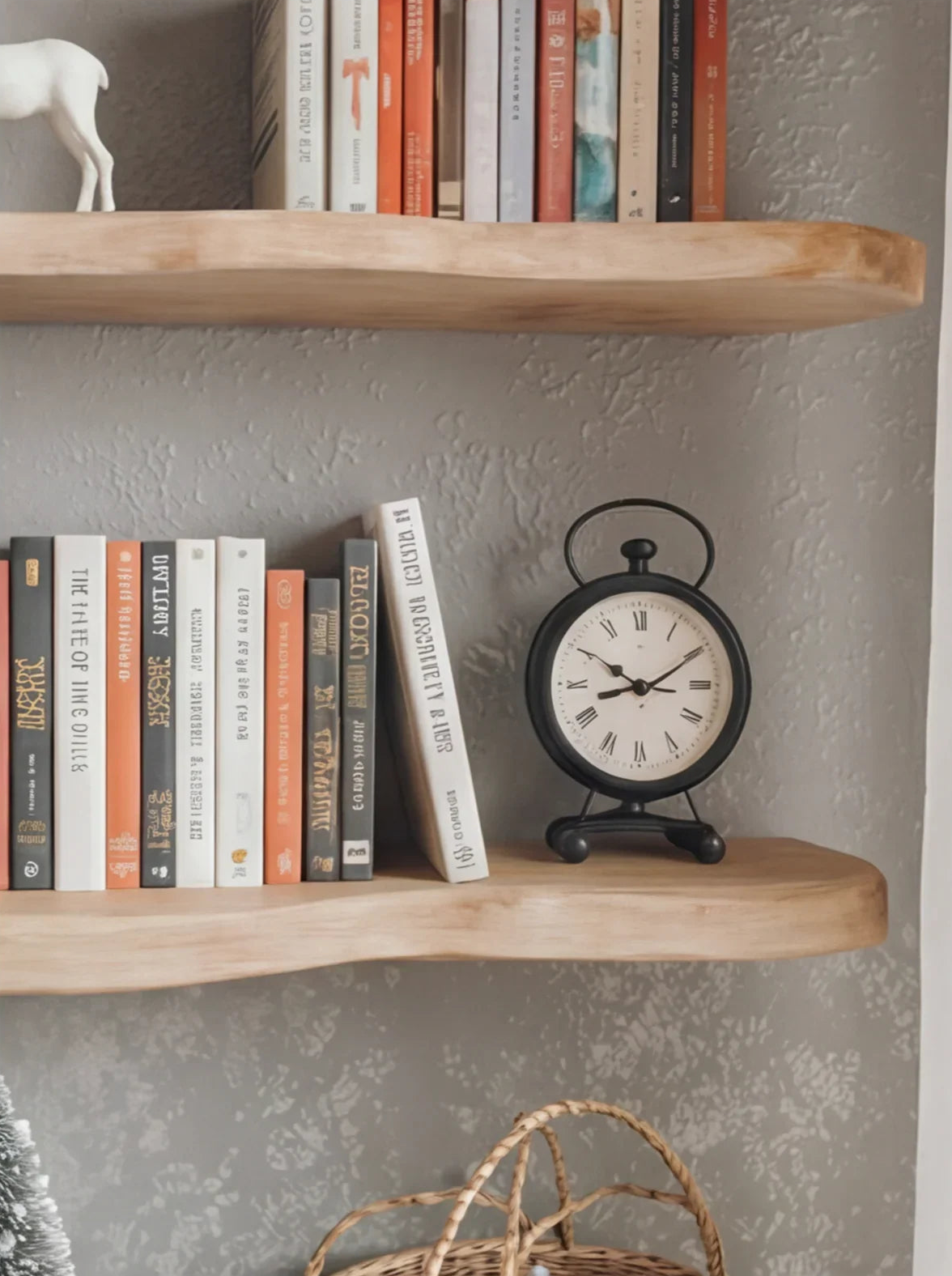 Live edge wooden floating shelves with books and a vintage black clock on textured wall