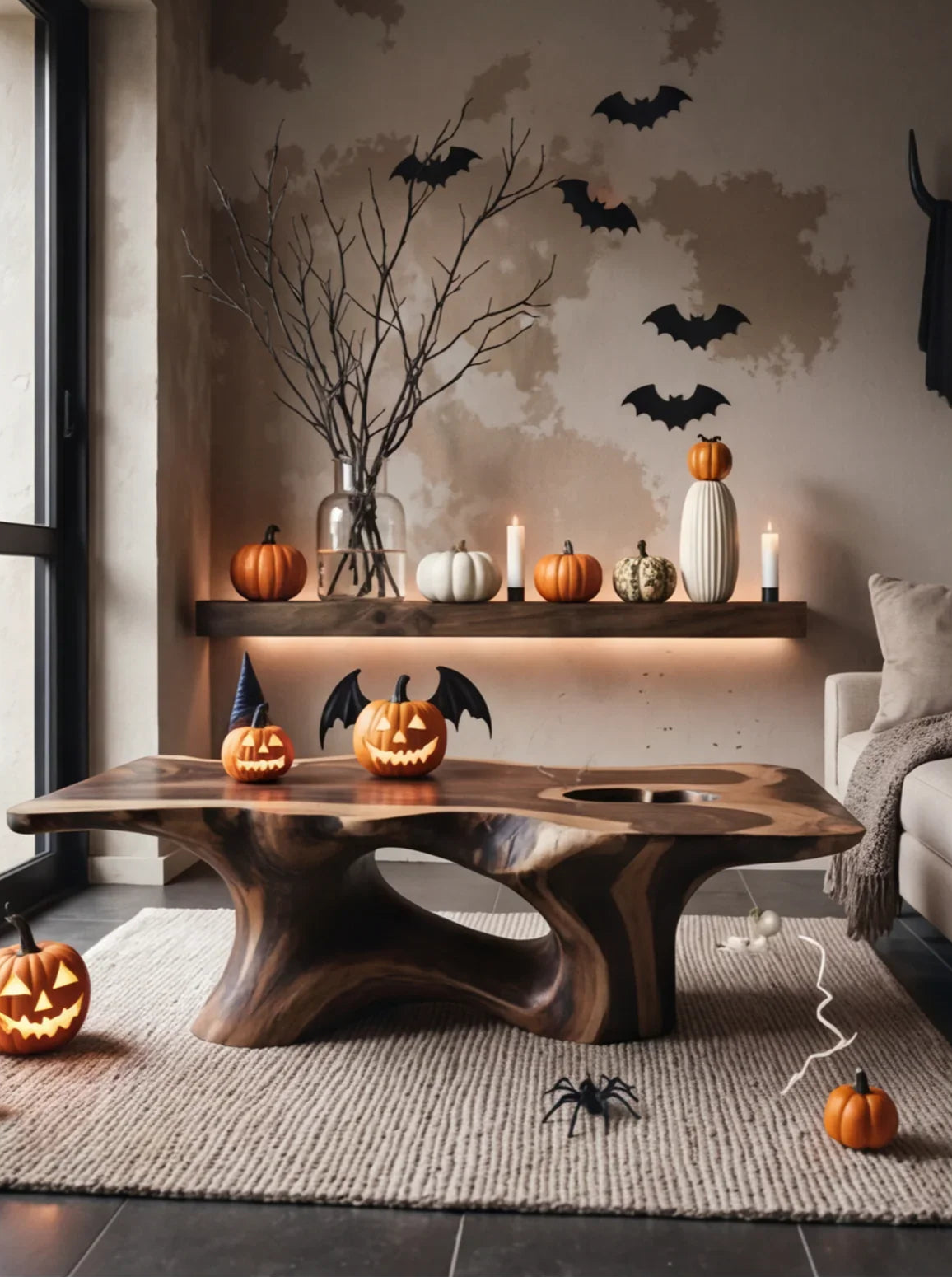 Halloween-themed living room with solid wood live edge coffee table, pumpkin decor, bats, and candles.