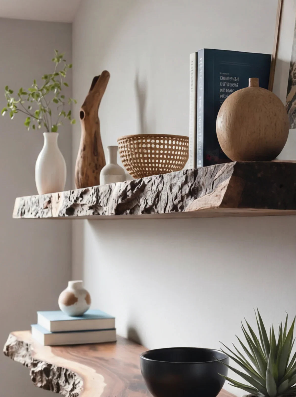 Live edge wood floating shelves with books, vases, a basket, and decorative plants