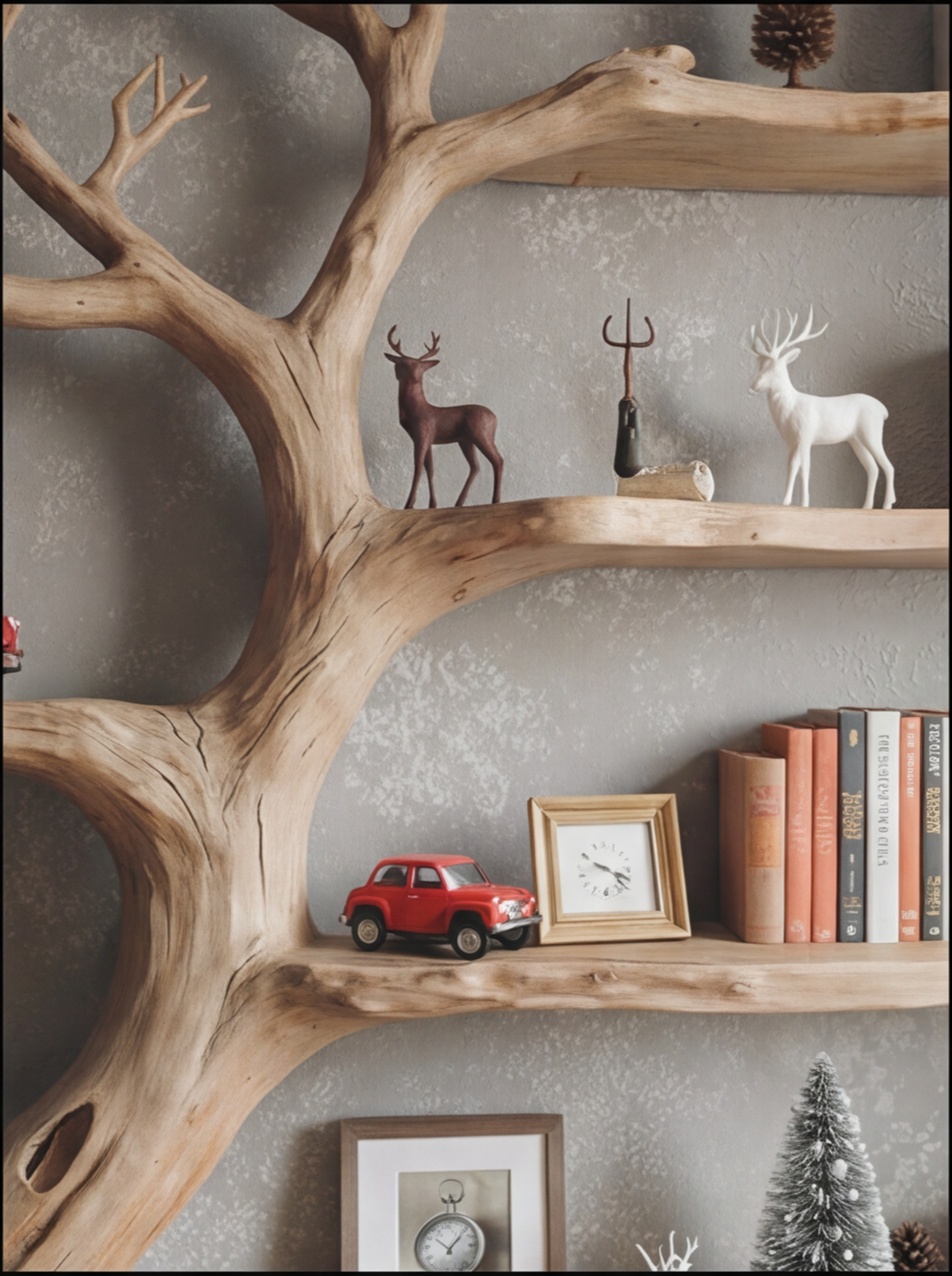 Tree-shaped wooden bookshelf with books, decorative deer, red toy car, and framed clock on gray wall.