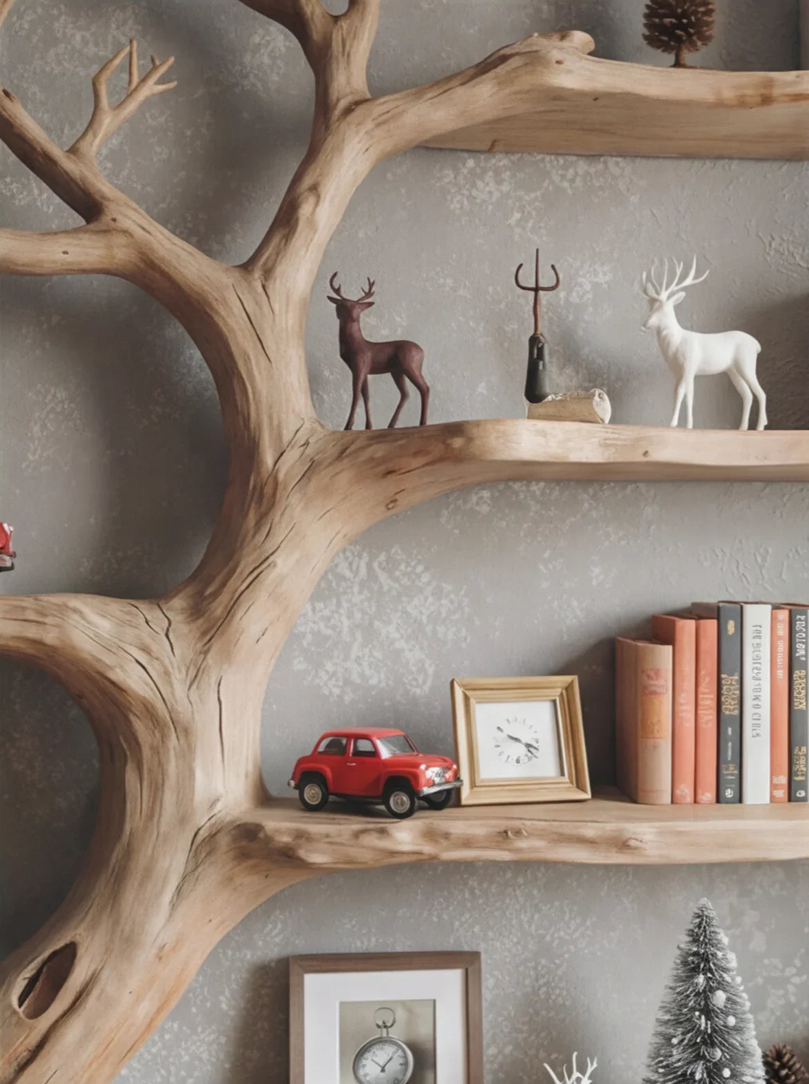 Tree-shaped wooden bookshelf with books, decorative deer, red toy car, and framed clock on gray wall.
