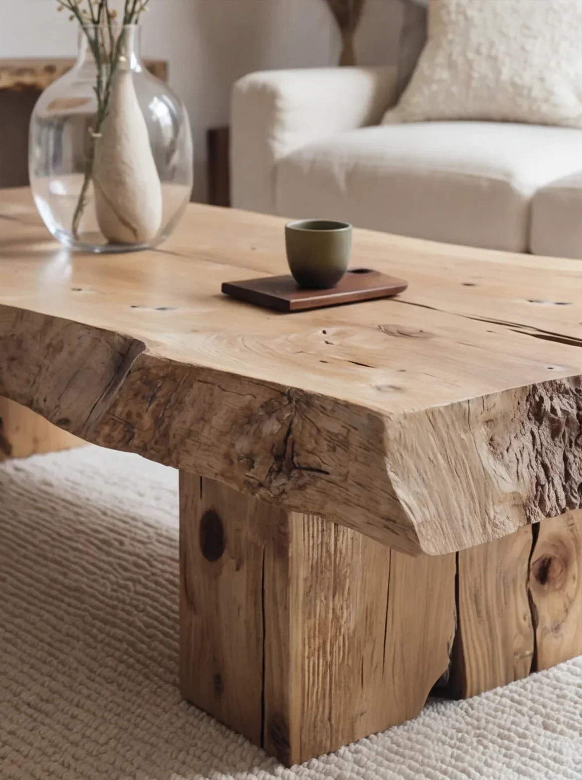 Live edge solid wood coffee table with rustic finish in cozy living room