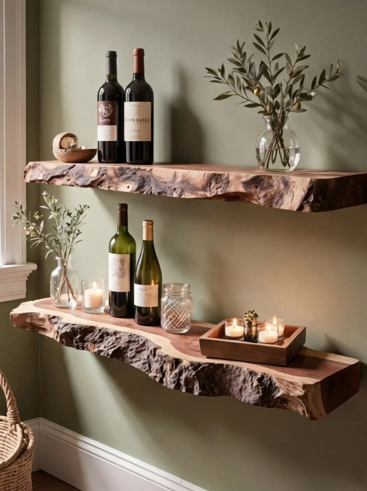 Live edge solid wood floating shelves decorated with wine bottles, candles, and glass vases.