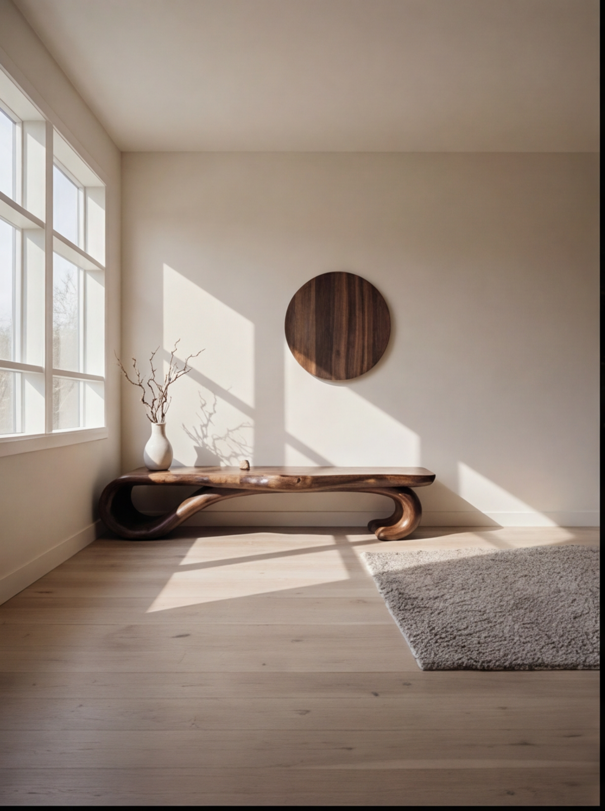Sculpted live edge wood bench in a sunlit modern room with a round wood wall art and vase