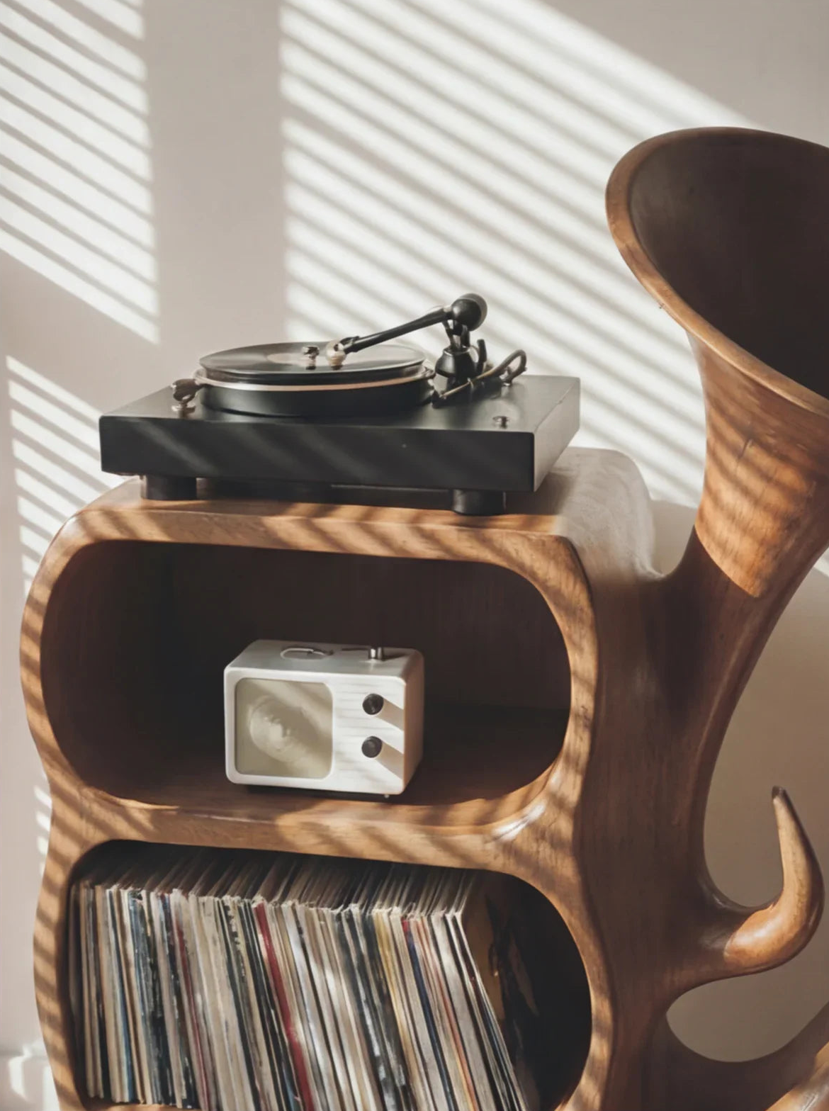 Sculpted solid wood record cabinet with turntable, vinyl records, and vintage radio in sunlight