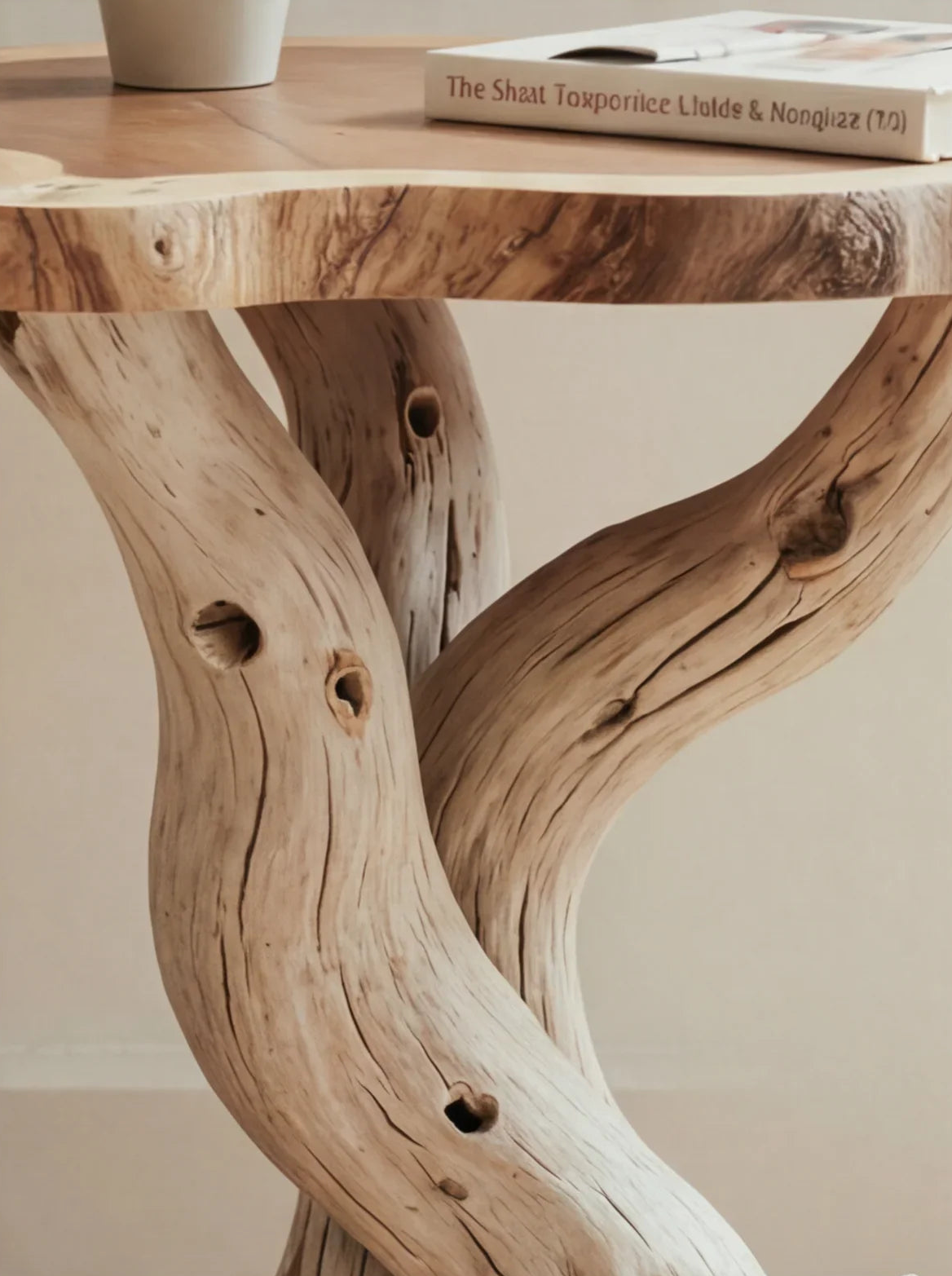 Live edge solid wood table with twisted tree trunk legs, book and plant on top