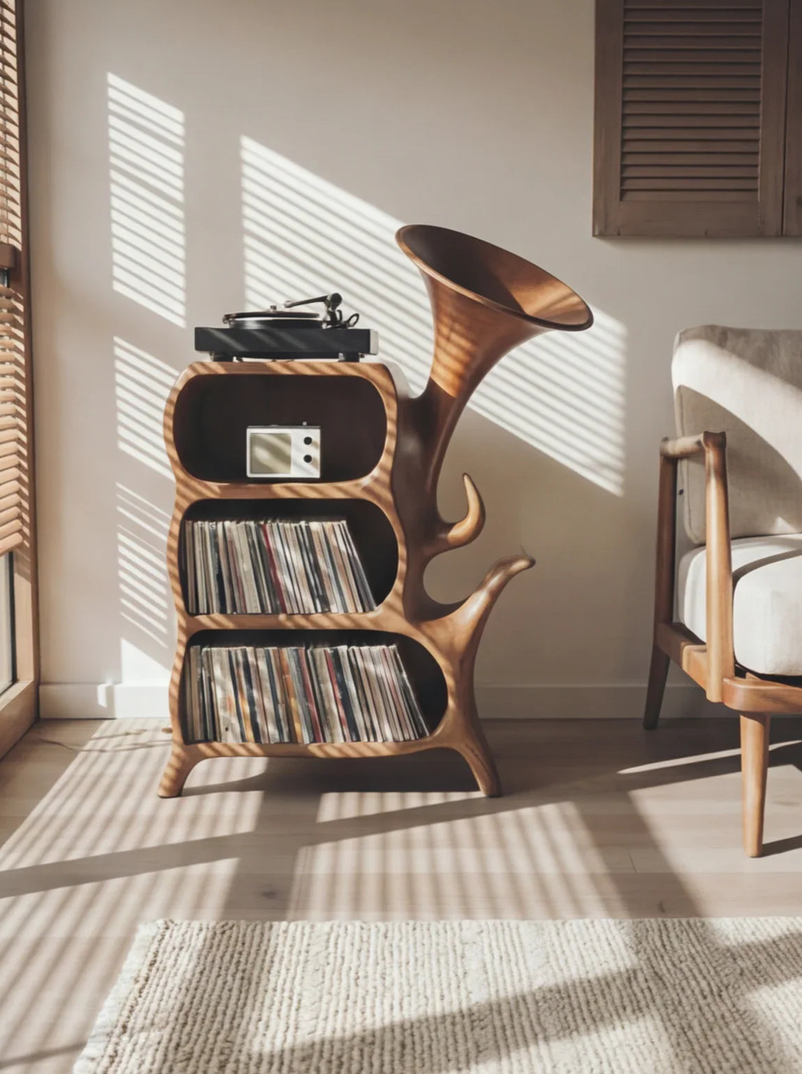 Sculptural solid wood record cabinet with horn-shaped detail, holding vinyls, turntable, and radio