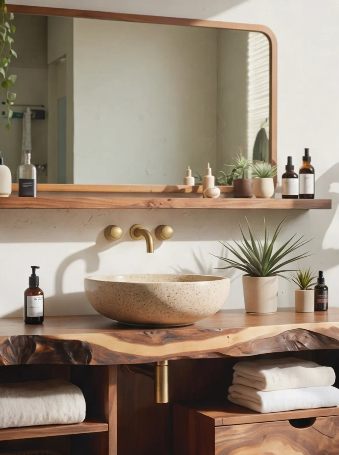 Live edge solid wood bathroom vanity with stone vessel sink, gold faucet, and potted plants