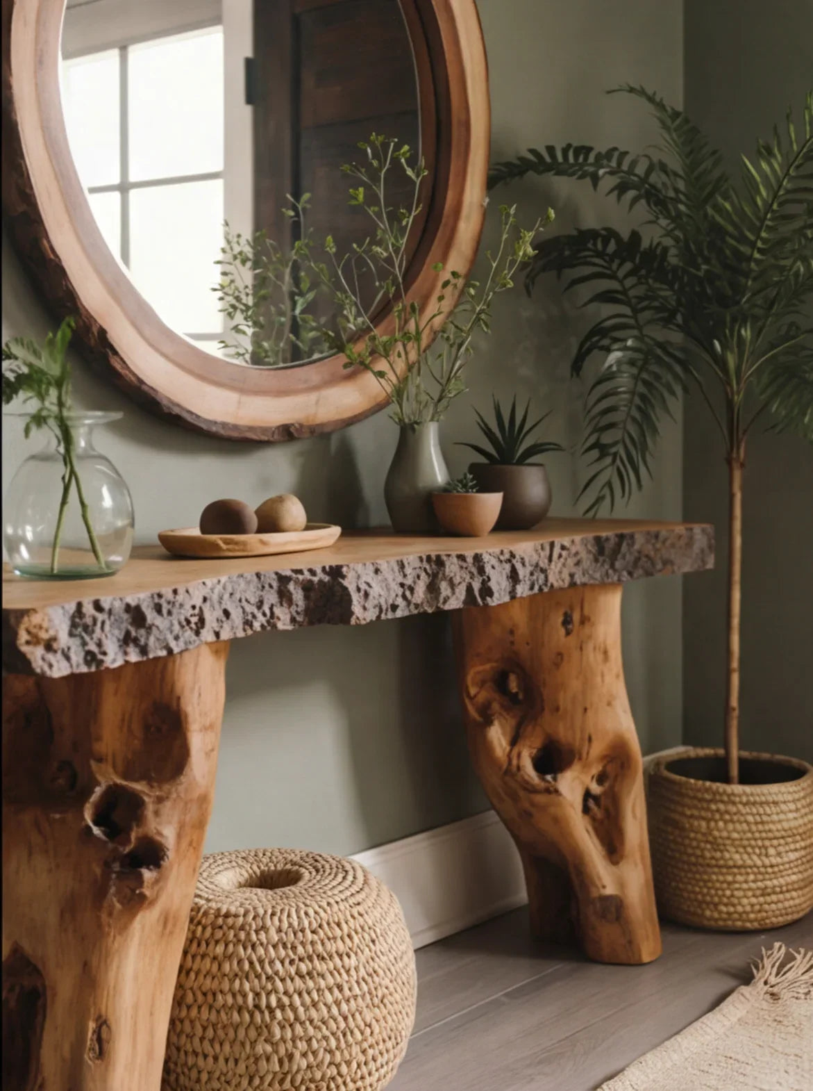 Live edge solid wood console table with natural decor, round wall mirror, and indoor plants
