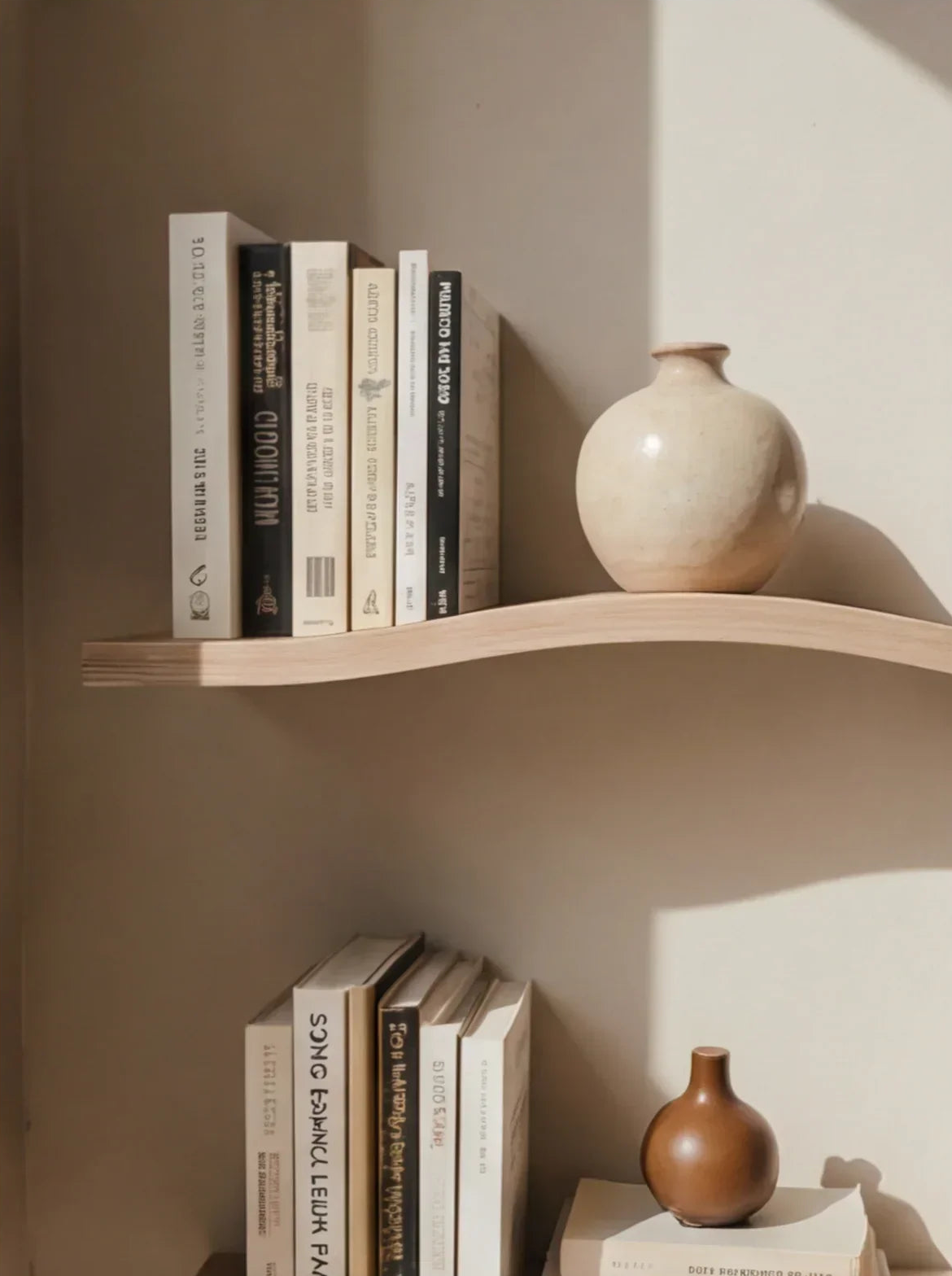 Minimalist floating wood shelf with books and ceramic vases, natural light, modern decor