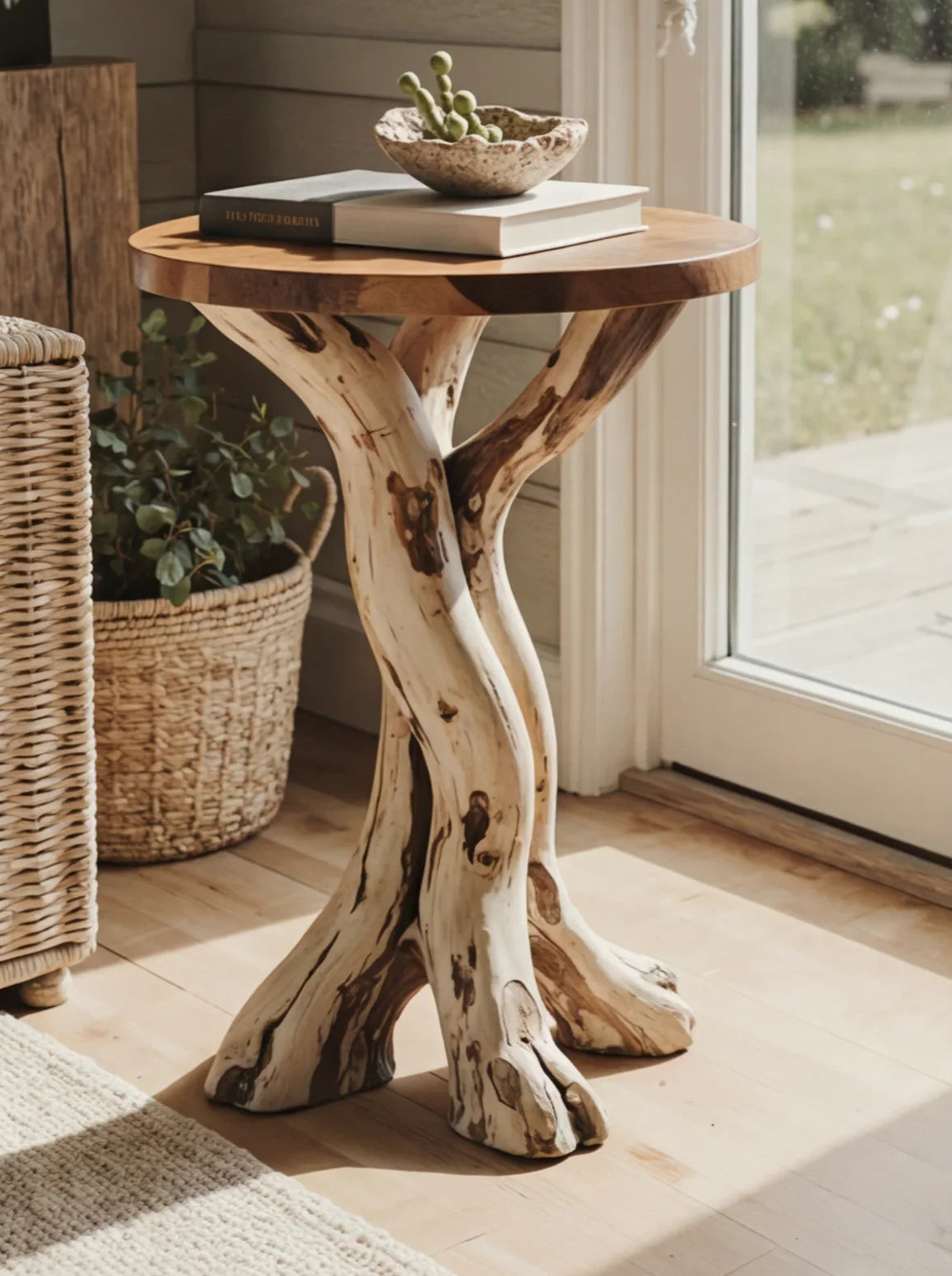Live edge solid wood side table with sculpted natural branch legs in sunlit room