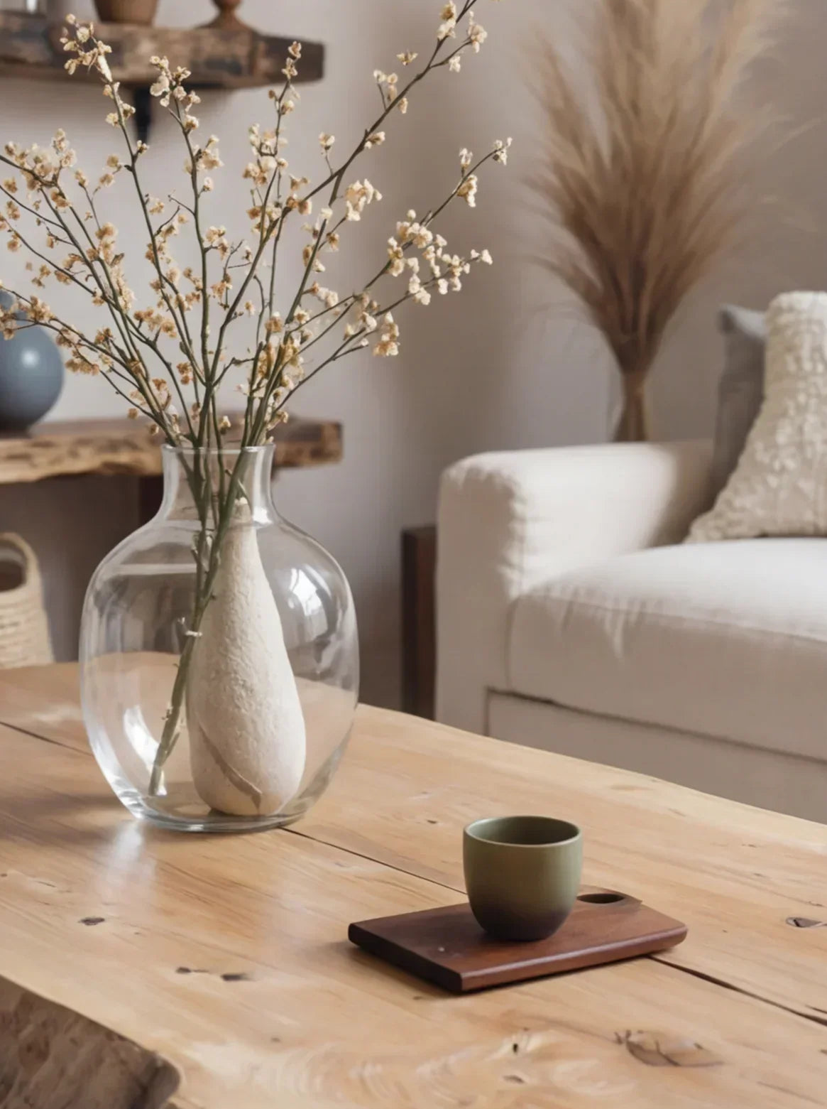Live edge wooden coffee table with glass vase of dried flowers and ceramic cup in cozy living room