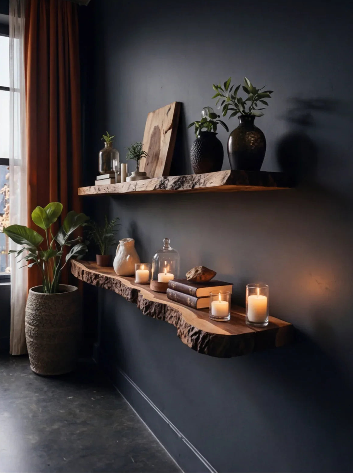 Live edge floating wood shelves on dark wall with candles, plants, books and vases, modern decor