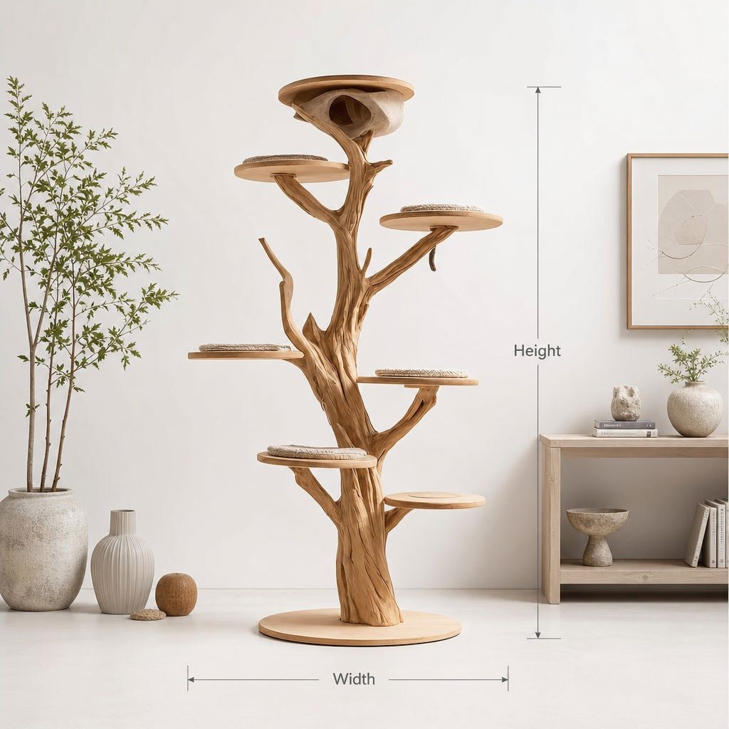 Handcrafted Wooden Cat Tree Tower – Solid Wood Multi-Level