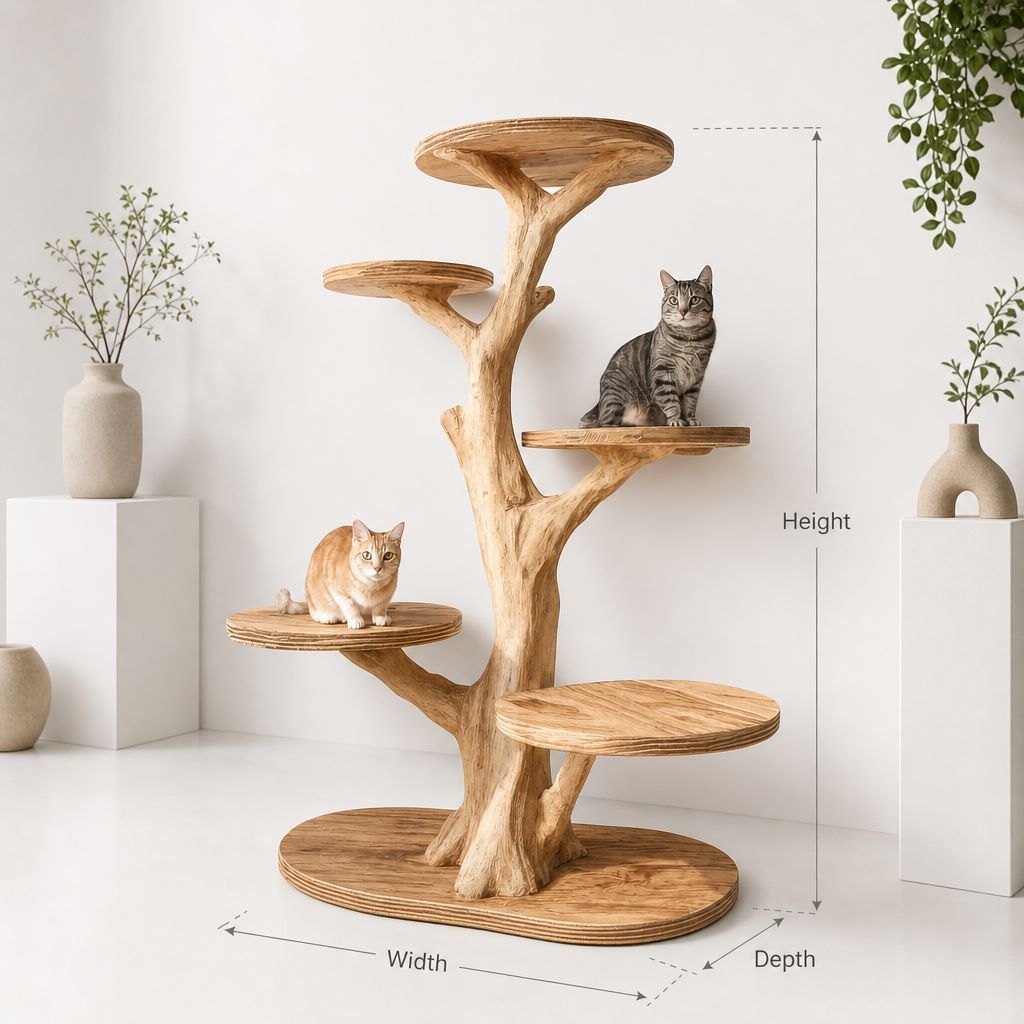 Natural wood cat tree with multiple tiers and two cats sitting