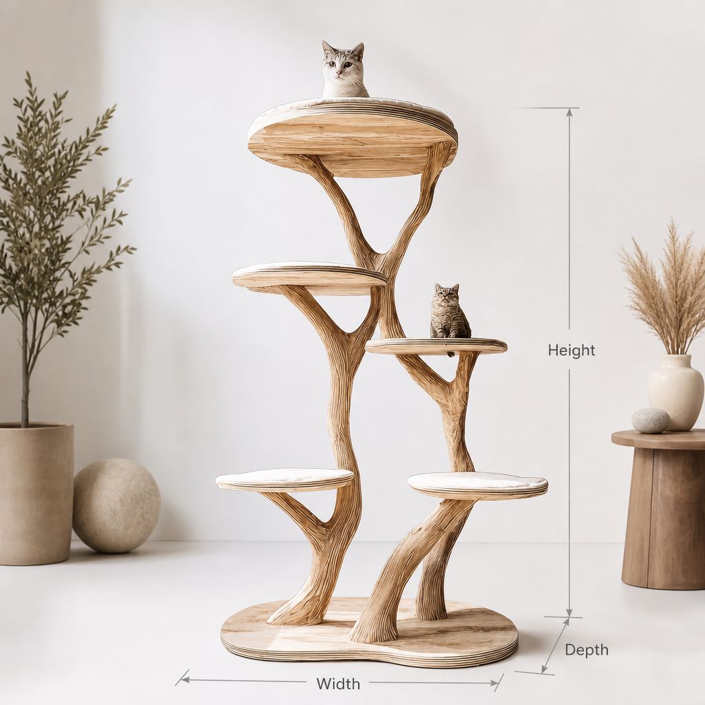 Handcrafted multi-tier drift wood cat tower beautifully designed for modern indoor spaces.