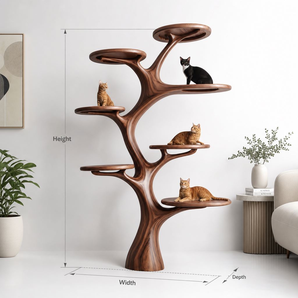 Premium wood cat furniture featuring multi-level smooth circular platforms and cats.