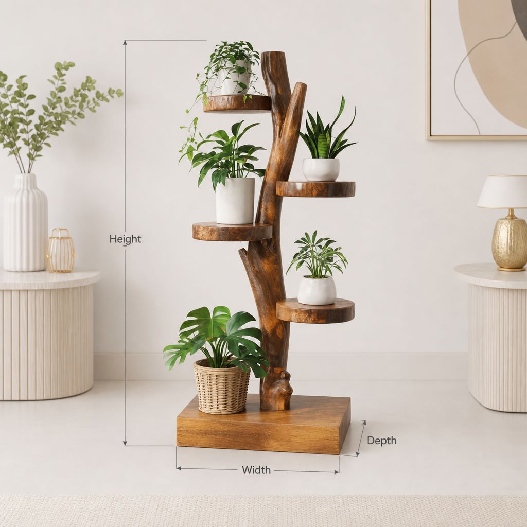 Wooden Tree Branch Plant Shelf – Solid Wood Floor Stand Decor