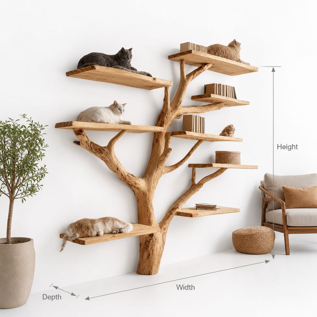 Cat tree that looks like a tree mounted on a white wall