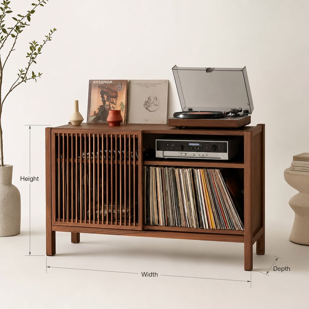 Handcrafted Record Player Stand – Natural Wood Turntable Station with Storage, Customizable Record Cube Organizer