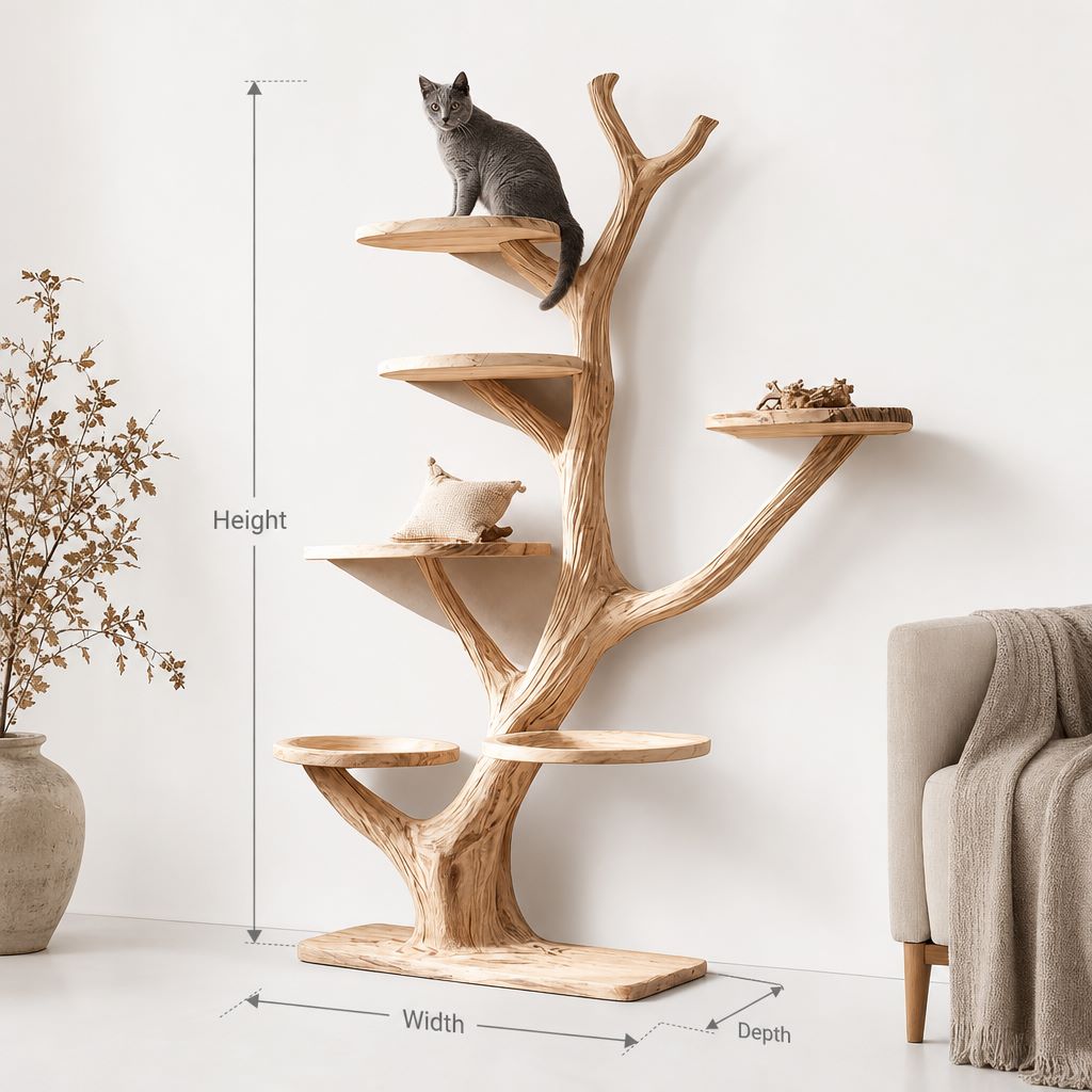 Real wood cat tree branch design with multi-level platforms for pets.