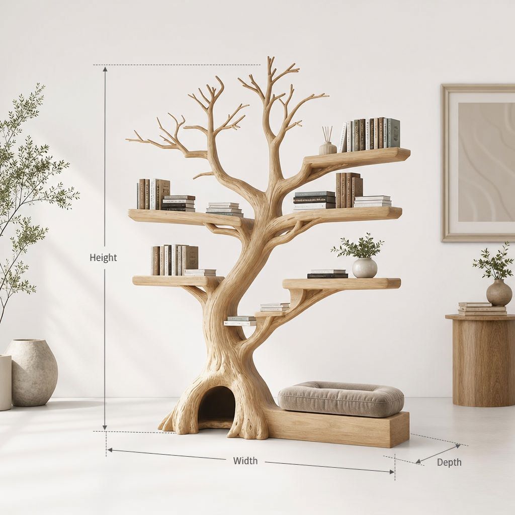Tree Shaped Wooden Bookshelf with Cat House – Handmade Solid Wood Pet Furniture
