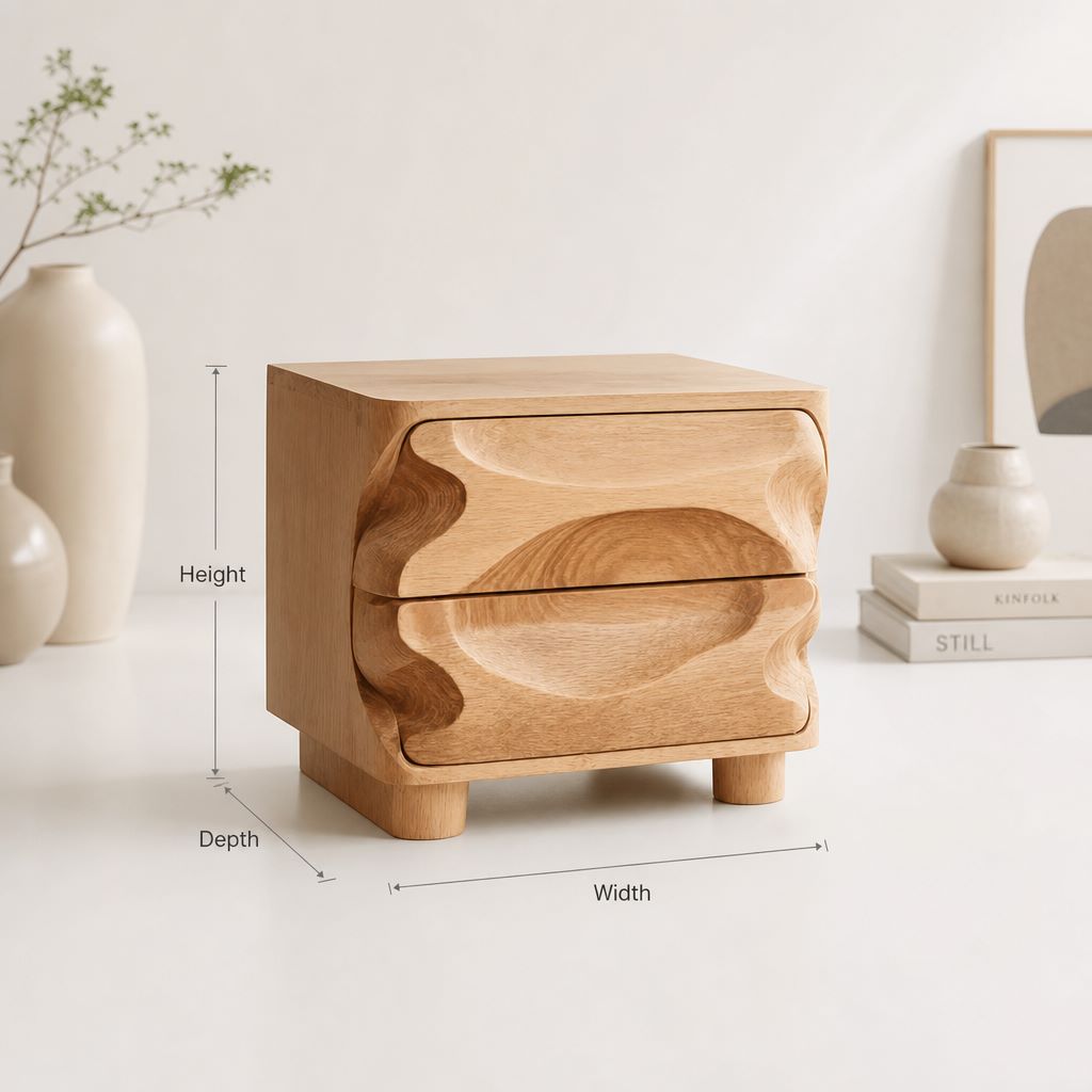 Modern Wavy Nightstand – Solid Wood Bedside Table with Hand-Carved Drawer