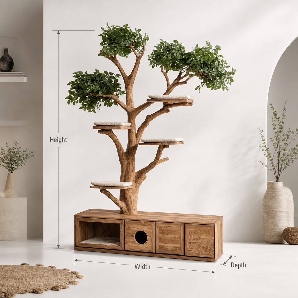 Handmade Wooden Cat Tree Tower – Rustic Furniture for Large Cats & Modern Pet Décor