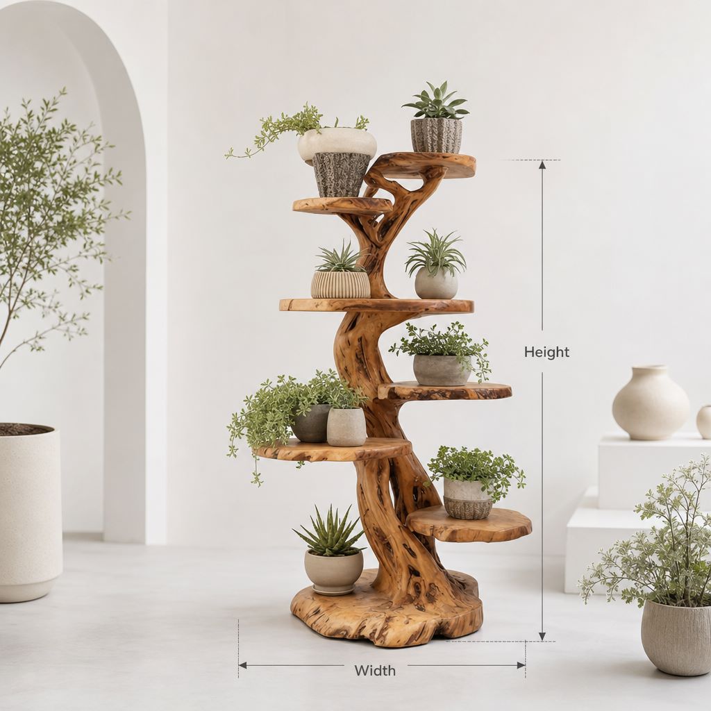 Midcentury Wooden Tree Plant Stand Home Interior
