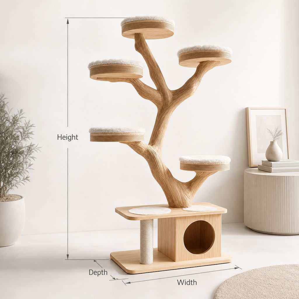Rustic Wooden Cat Tree – Handmade Wall-Mount Climbing Tower Shelf, Unique Natural Cat Furniture