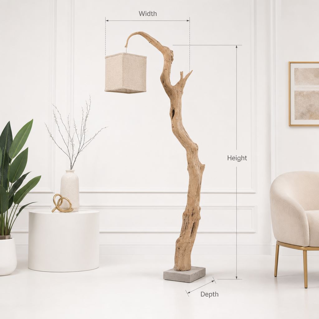 Natural Driftwood Floor Lamp with Fabric Shade – Rustic Wooden Standing Light for Living Room Decor