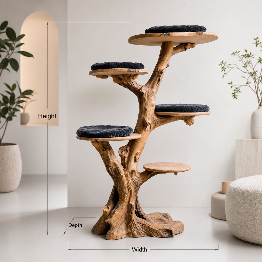 Handcrafted Large Wooden Cat Tree- Sculptural Solid Wood Cat Tower for Big Cats