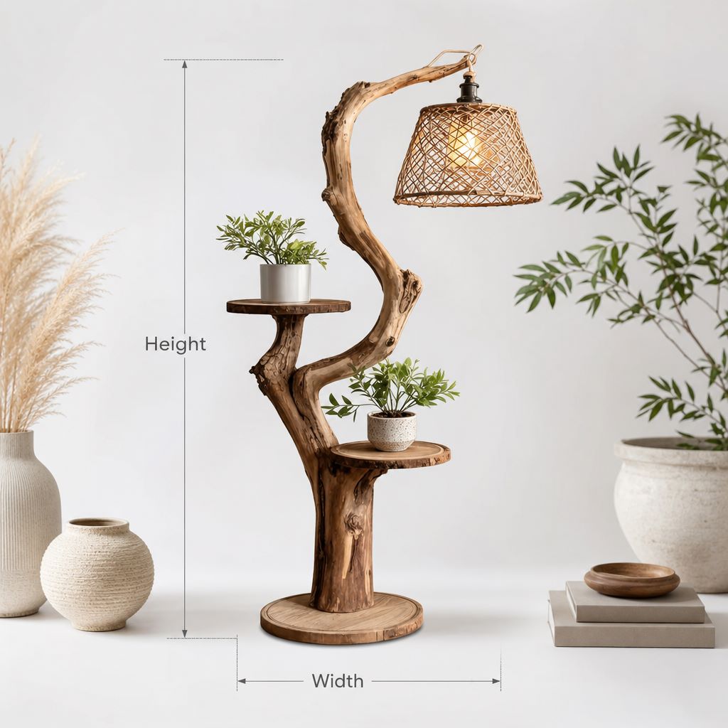Rustic Driftwood Floor Lamp with Shelves – Handmade Wooden Standing Light
