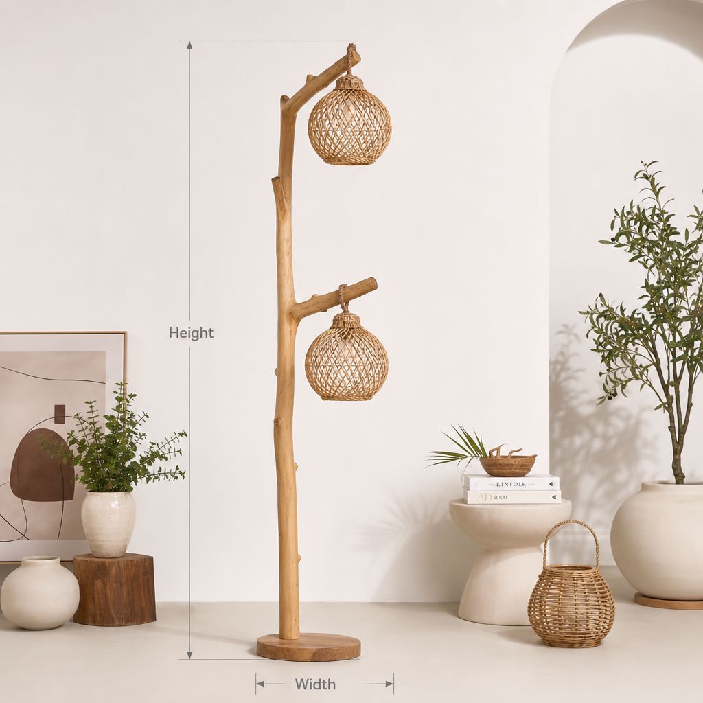 Rustic Wood Floor Lamp – Handmade Driftwood Tree Branch Light with Rattan Lampshade