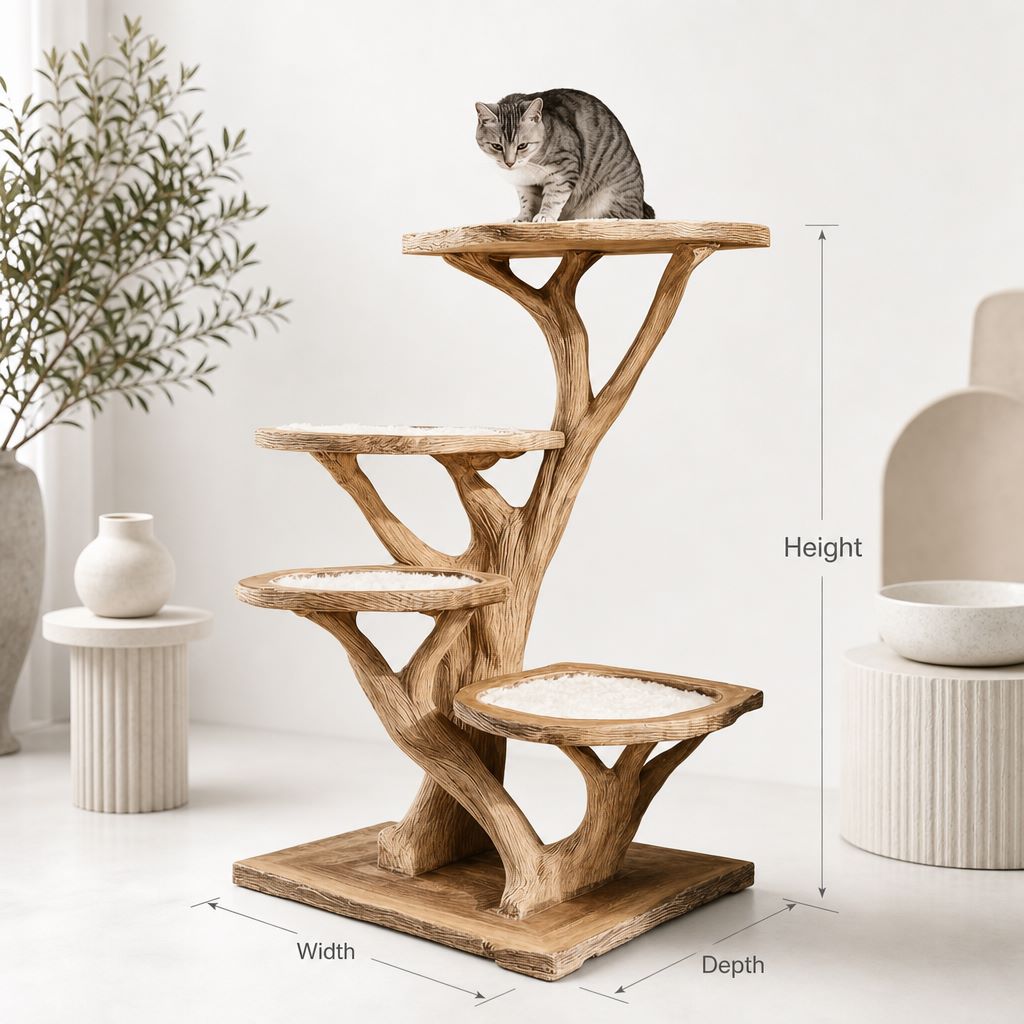 Natural Wood Cat Tree Tower – Modern Handmade Large Cat Tree House with Shelves
