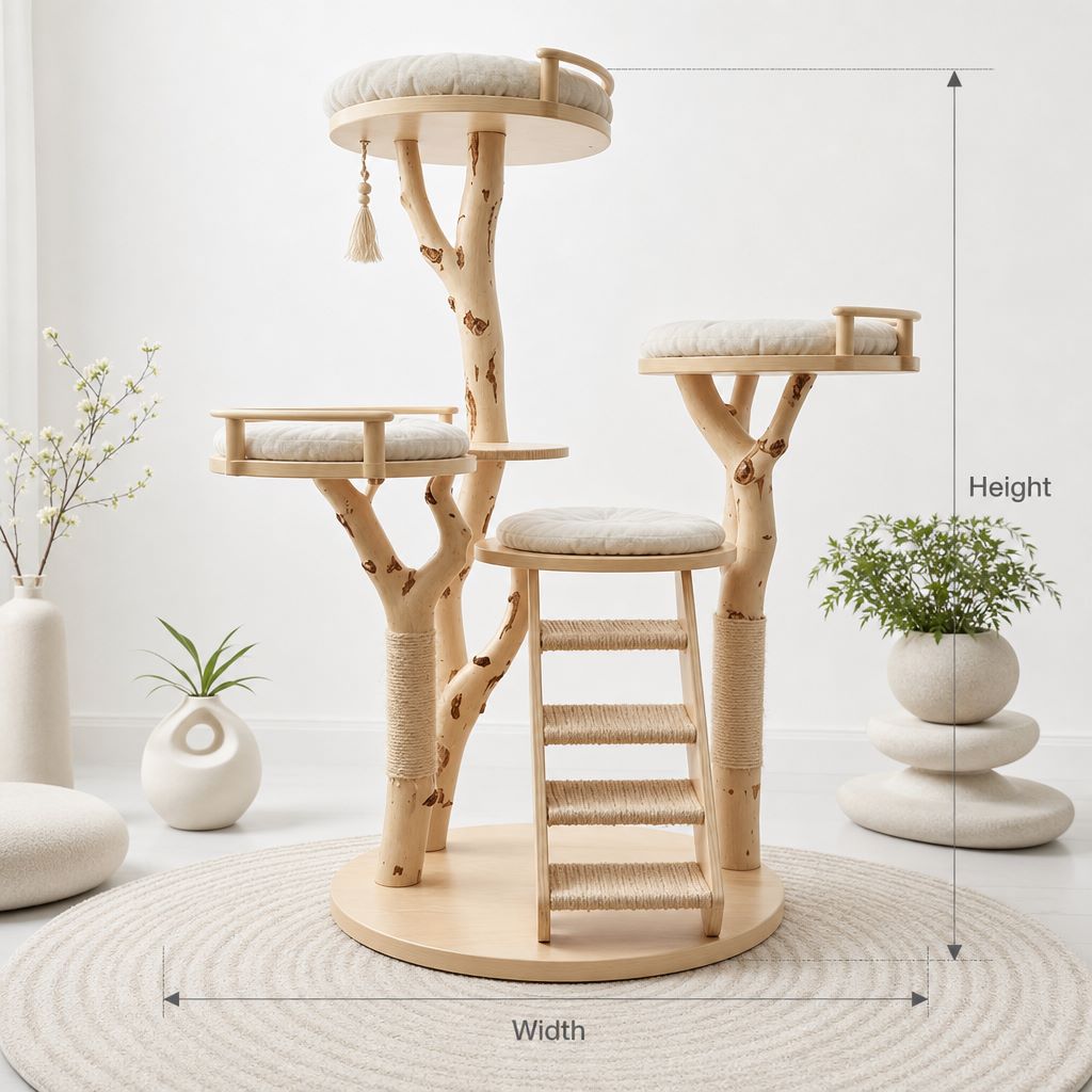 Rustic Solid Wood Cat Tree – Handmade Natural Wood Cat Tower Stand, Large Play Structure
