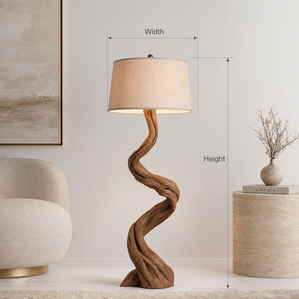 Rustic Driftwood Floor Lamp – Handmade Twisted Wood Standing Light with Linen Shade