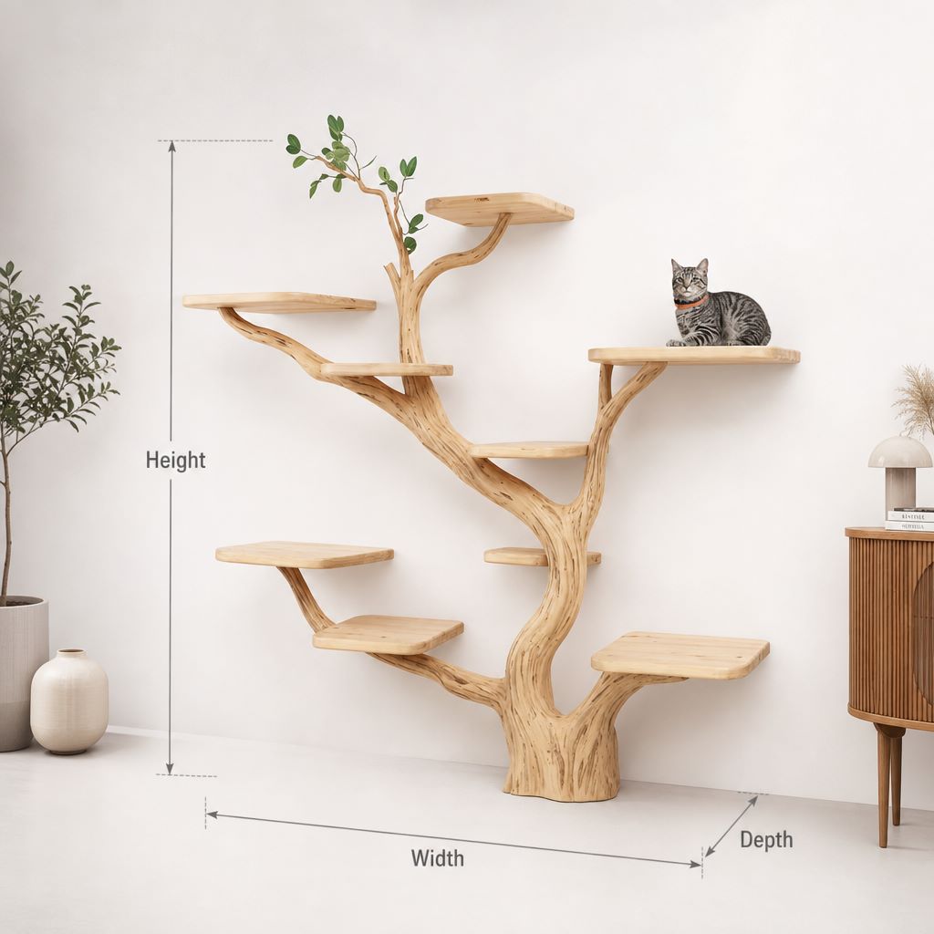 Rustic Solid Wood Cat Tree – Handmade Natural Cat Tower, Bed & Play Stand