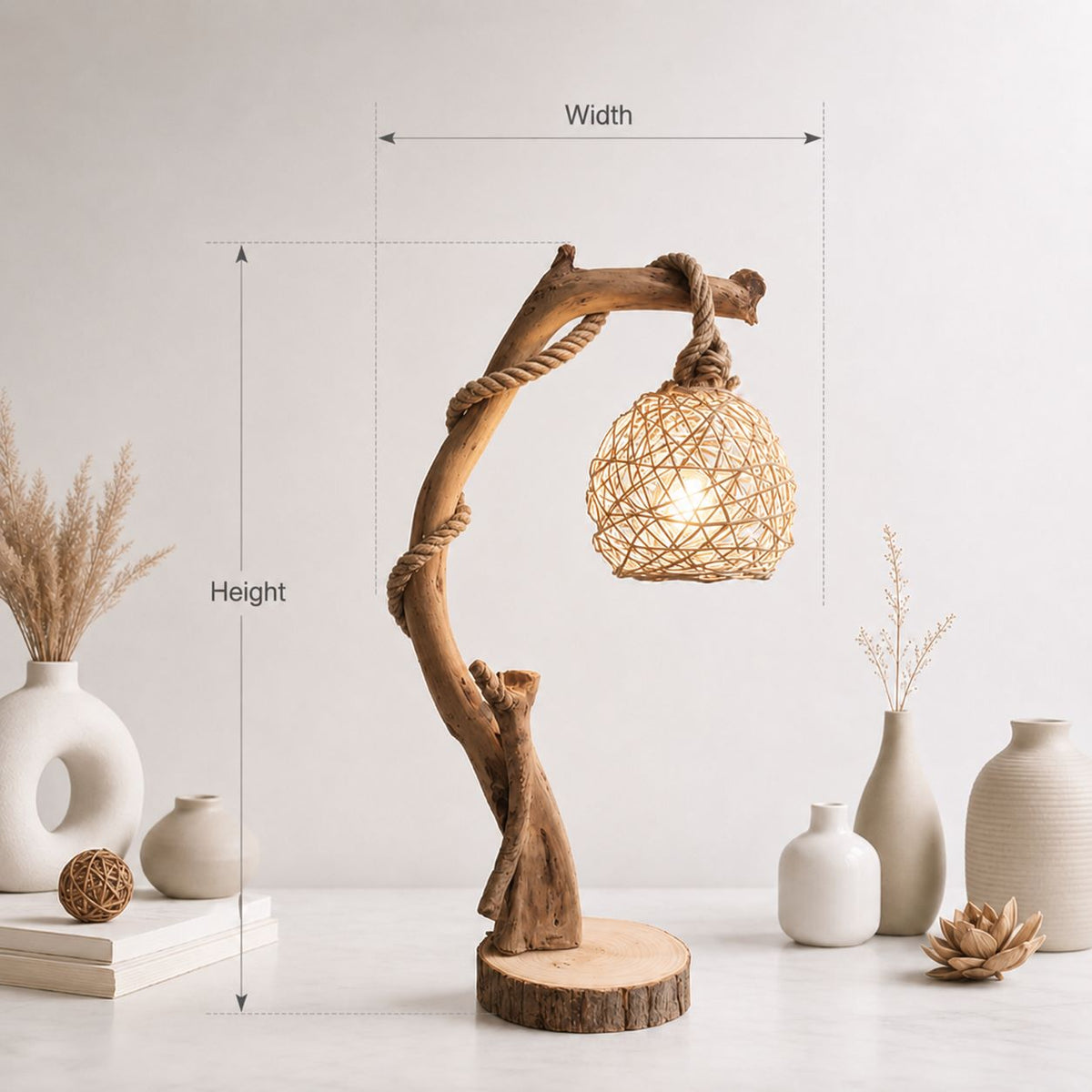 Rustic Driftwood Standing Tree Lamp – Handmade Wooden Floor Light with Rattan Lampshade