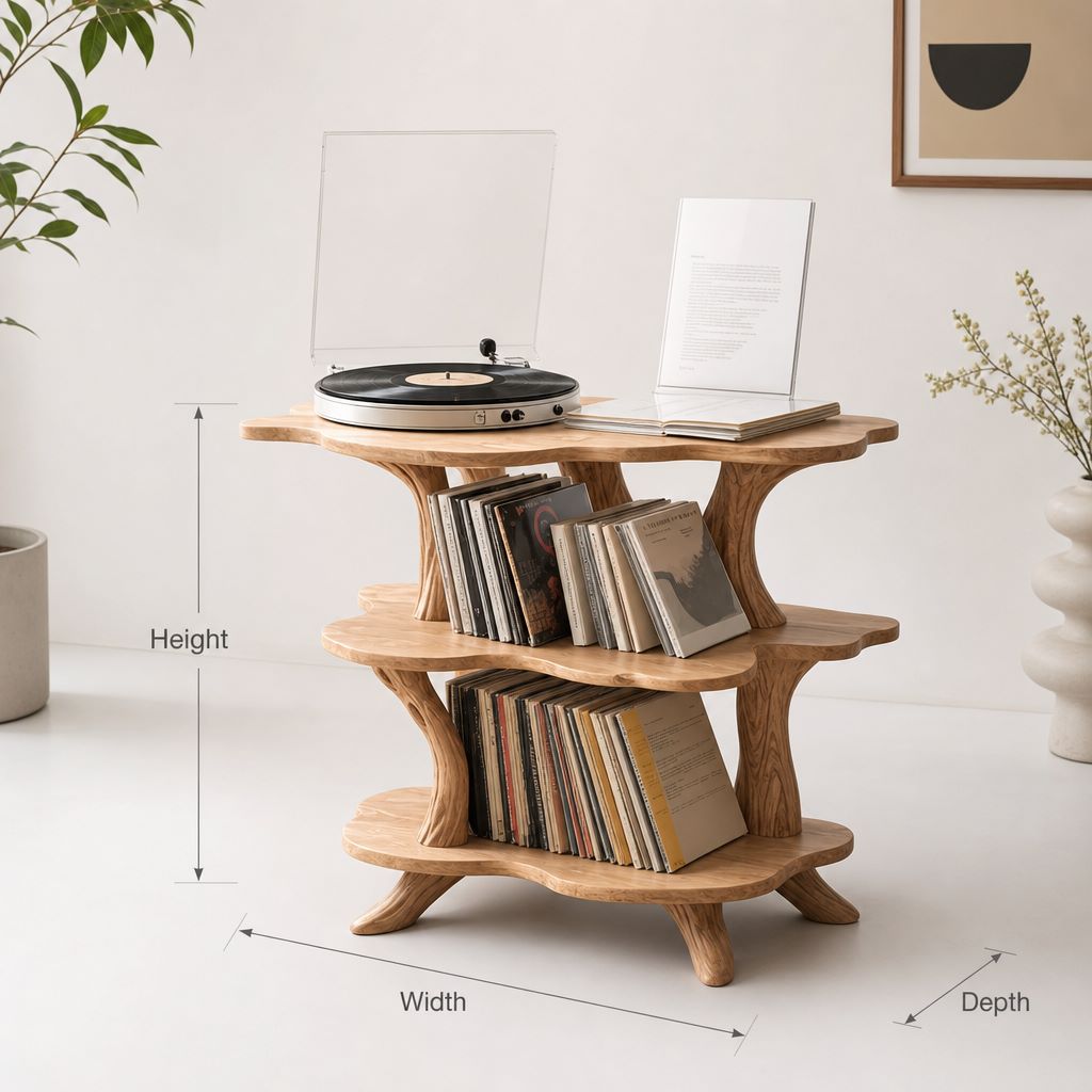 Handcrafted Solid Wood Sculptural Record Player Stand Organic Wave Multi-Level Shelf