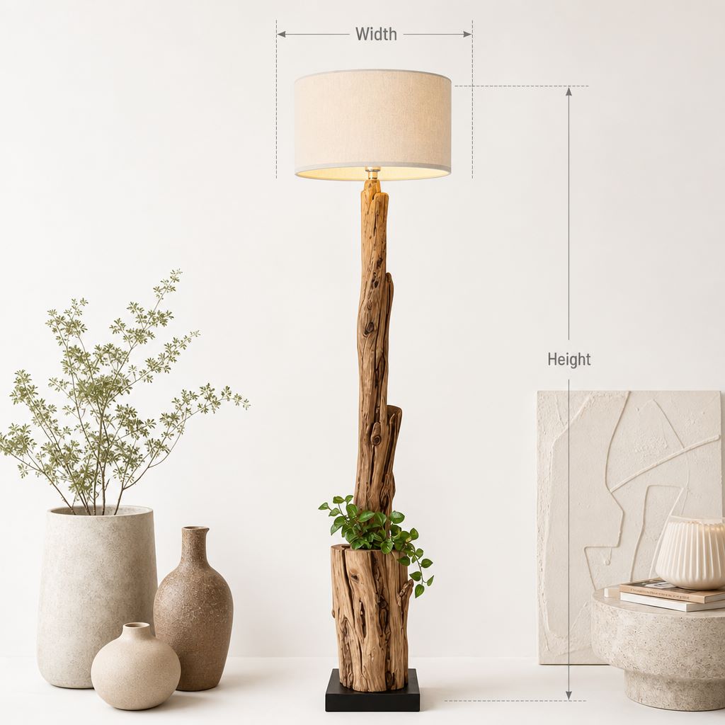Rustic Driftwood Standing Tree Lamp – Handmade Wooden Floor Light with Rattan Lampshade