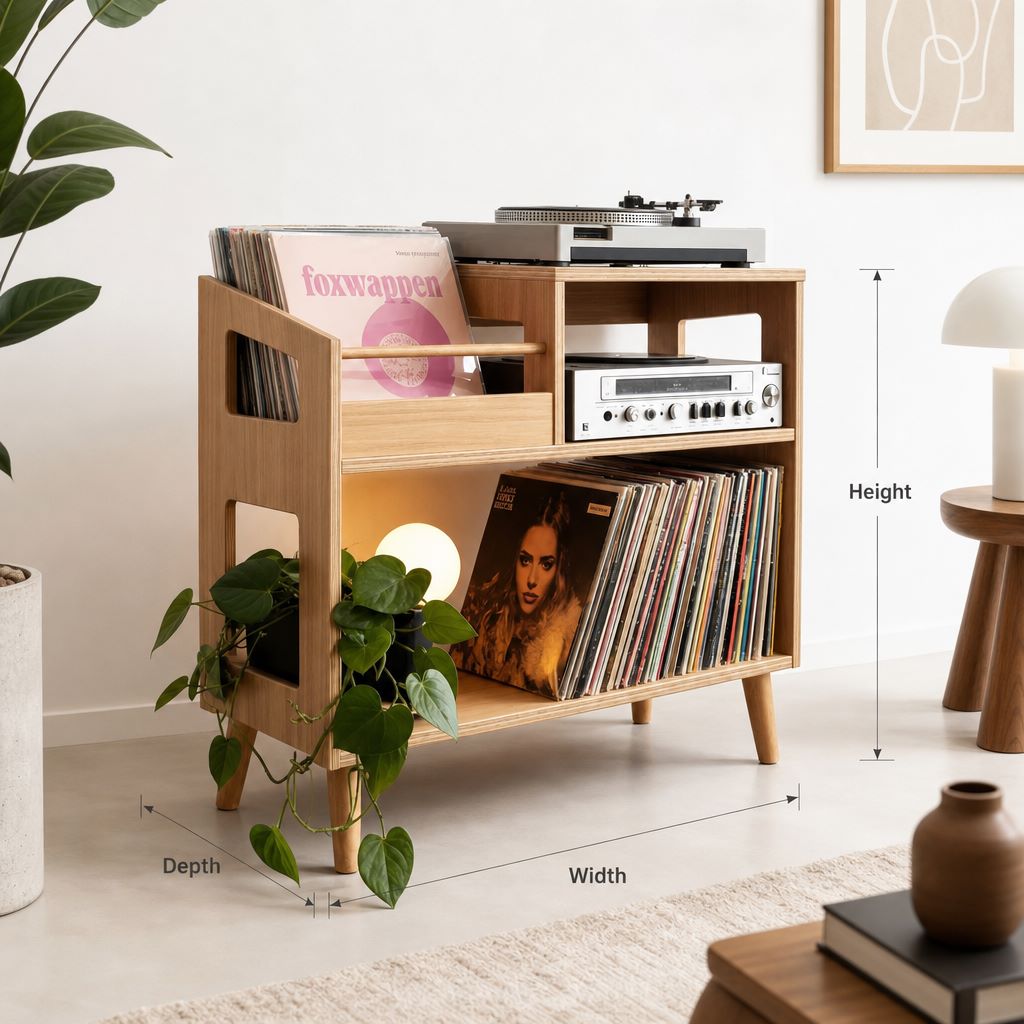 Mid-Century Modern Record Player Stand with Vinyl Storage – Solid Wood Turntable Table