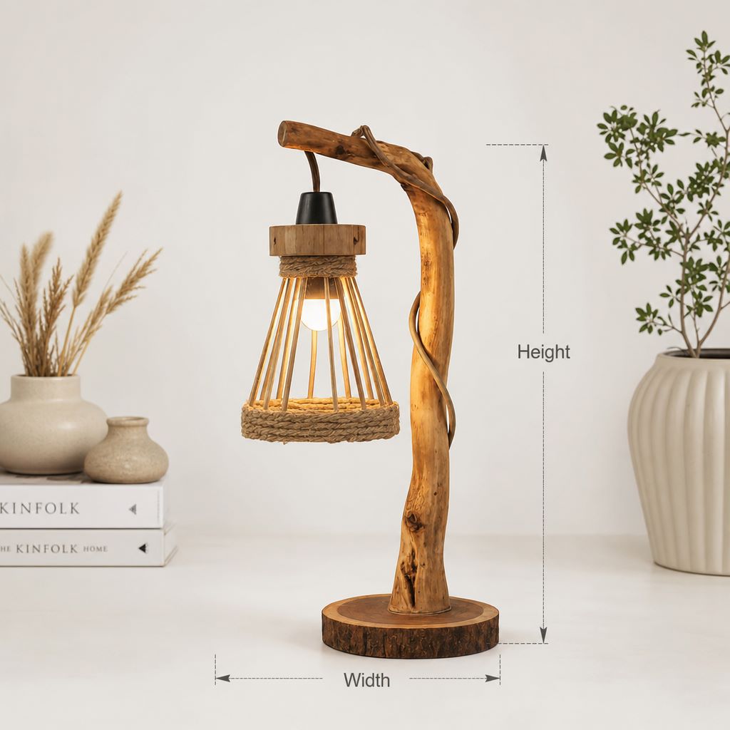Rustic Driftwood Floor Lamp – Tree Branch Standing Light with Rattan Lampshade, Natural Wooden Lighting