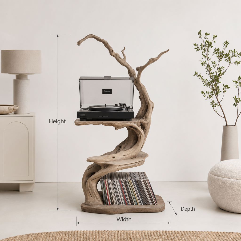 Sculptural Wood Record Player Stand – Organic Driftwood Turntable Table with Vinyl Shelf